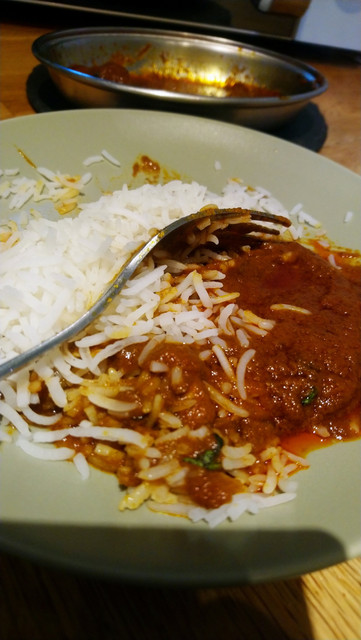 Lamb samosa. Chicken curry and rice.