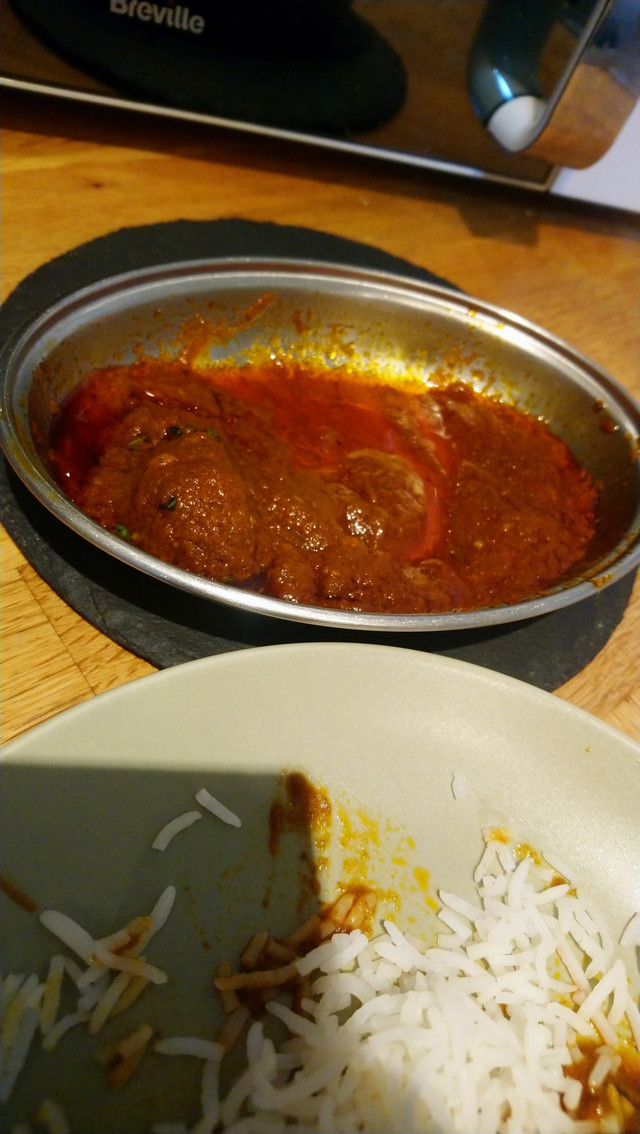 Lamb samosa. Chicken curry and rice.